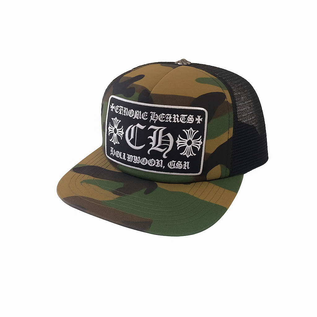 Embroidered Patch Trucker Cap Camouflage Black Mesh