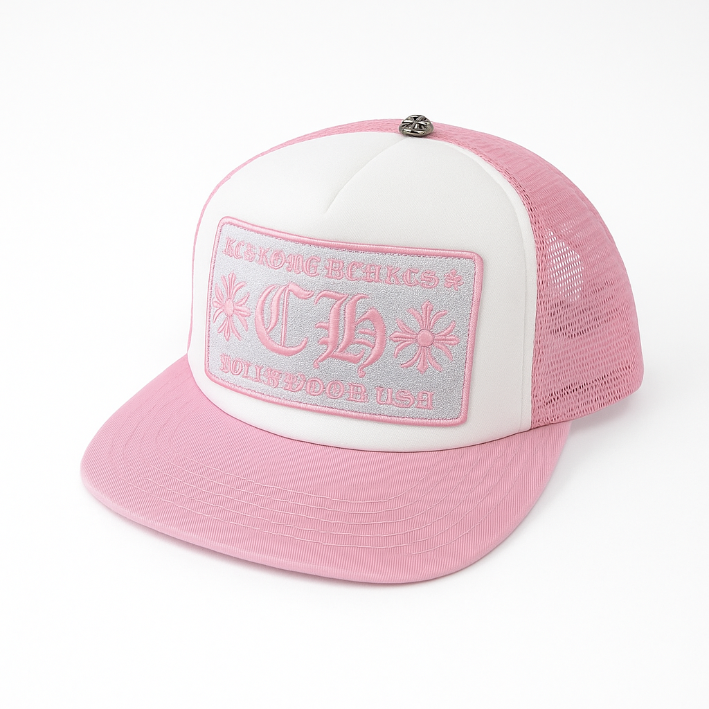 Embroidered Patch Trucker Cap Pink White