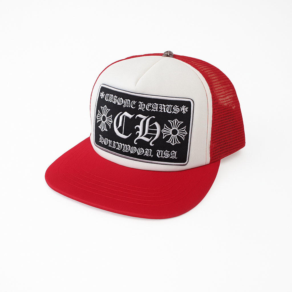 Embroidered Patch Trucker Cap Red White