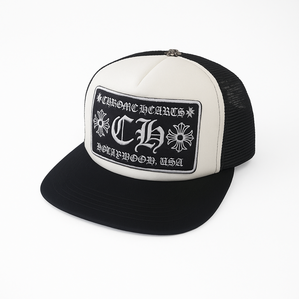 Embroidered Patch Trucker Cap Black White