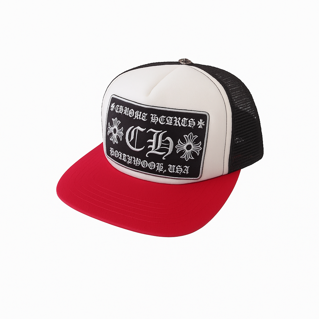 Embroidered Patch Trucker Cap White Black Red