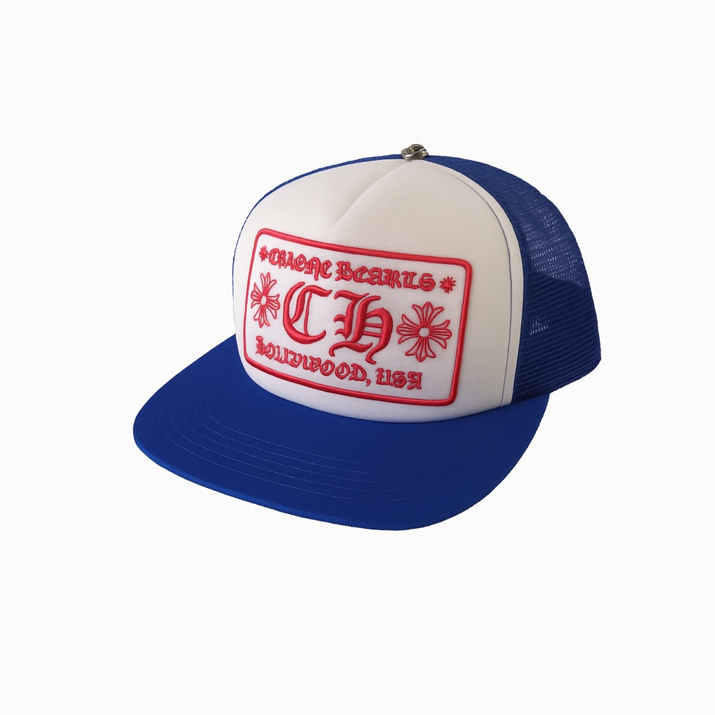 Embroidered Patch Trucker Cap Blue White