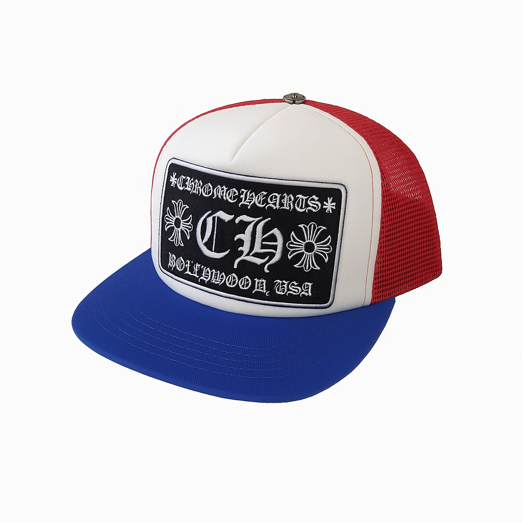 Embroidered Patch Trucker Cap Red Blue White