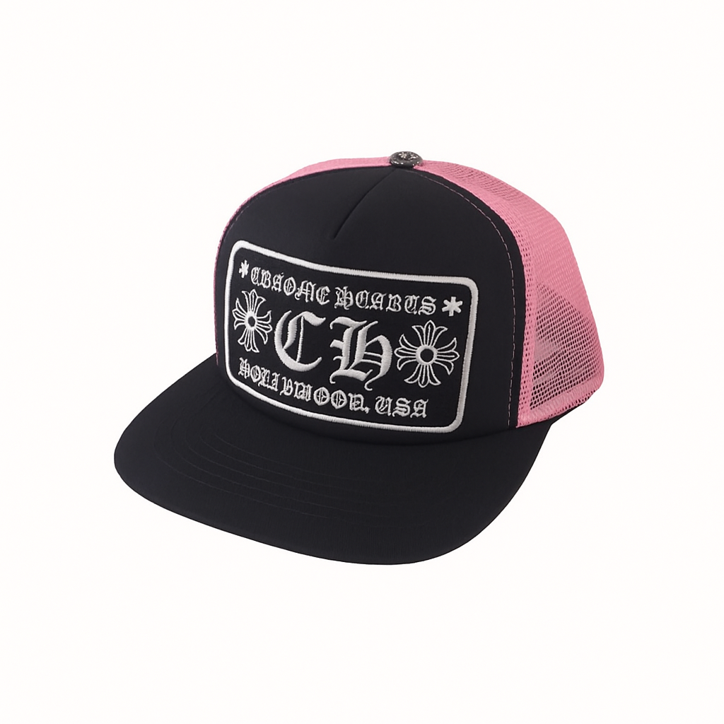 Embroidered Patch Trucker Cap Black Pink