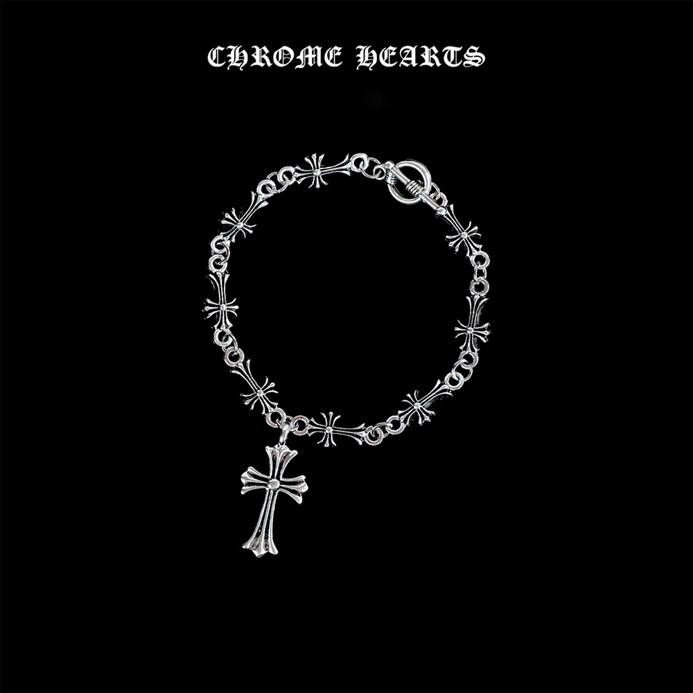 Silver Chrome Heart Cross Pendant Bracelet