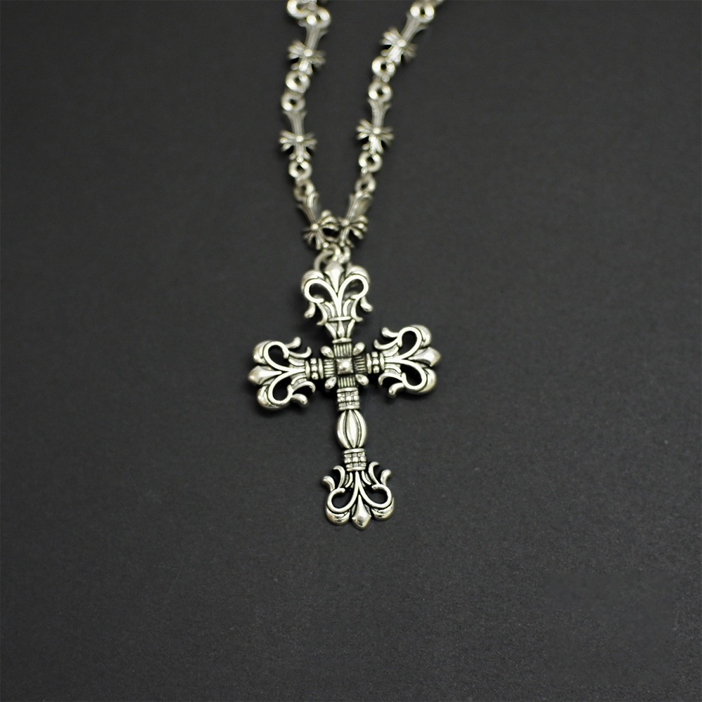 Silver Chrome Heart Fleur Cross Necklace