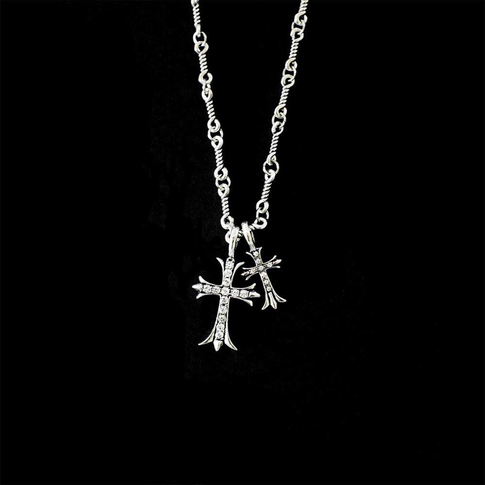 Silver Chrome Heart Double Cross Necklace