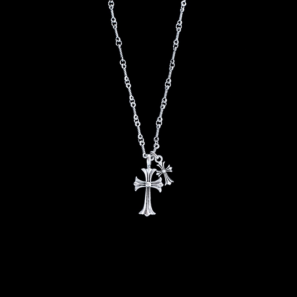 Titanium Silver Plated Double Cross Pendant Necklace
