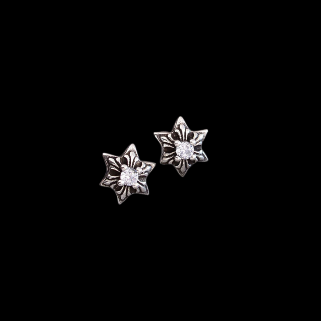 Titanium Silver Gothic Star Flower Stud Earrings with Crystal