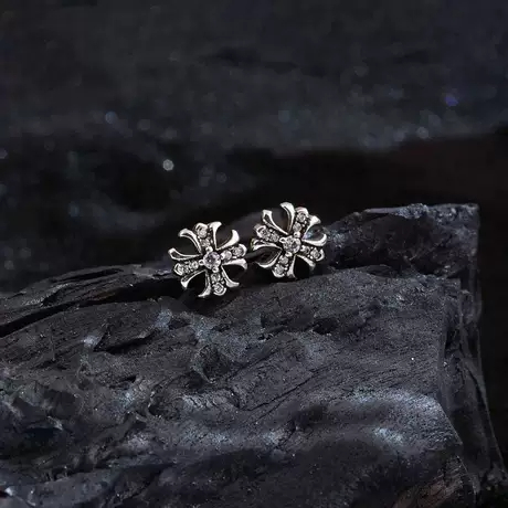 Chrome Hearts Style Silver Gothic Cross Stud Earrings with CZ Stones