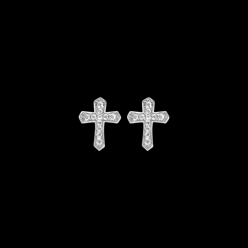Titanium Silver Cross Stud Earrings with White Crystals