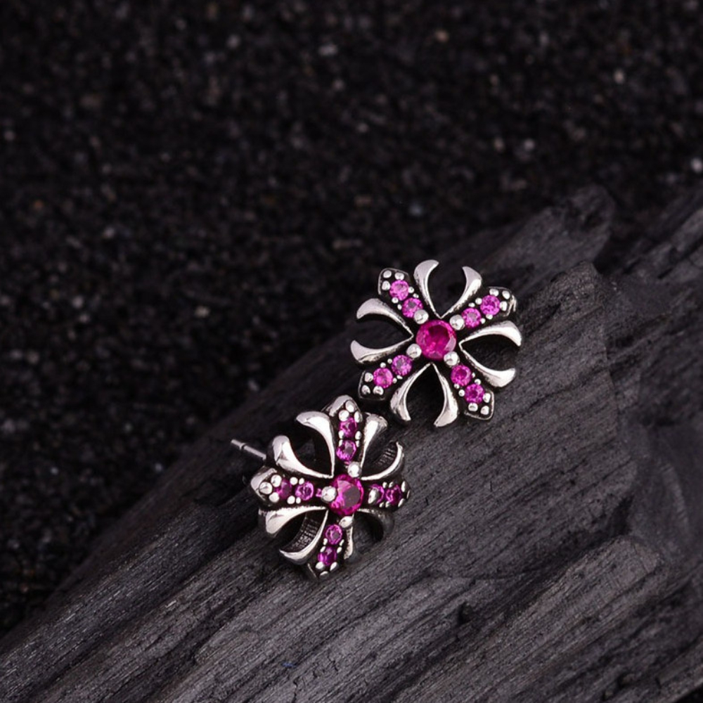Chrome Hearts Style Silver Gothic Cross Stud Earrings with Pink Ruby Stones
