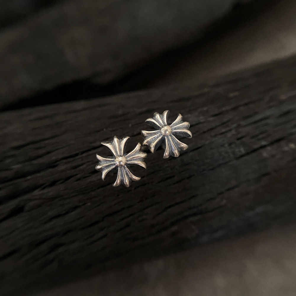 Chrome Hearts Style Silver Cross Flower Stud Earrings