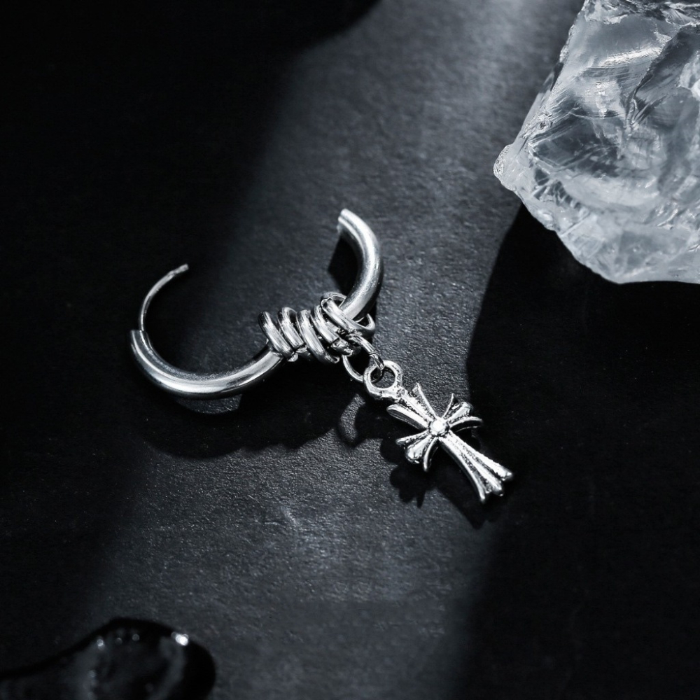 Chrome Hearts Style Cross Dangle Hoop Earring Silver Titanium