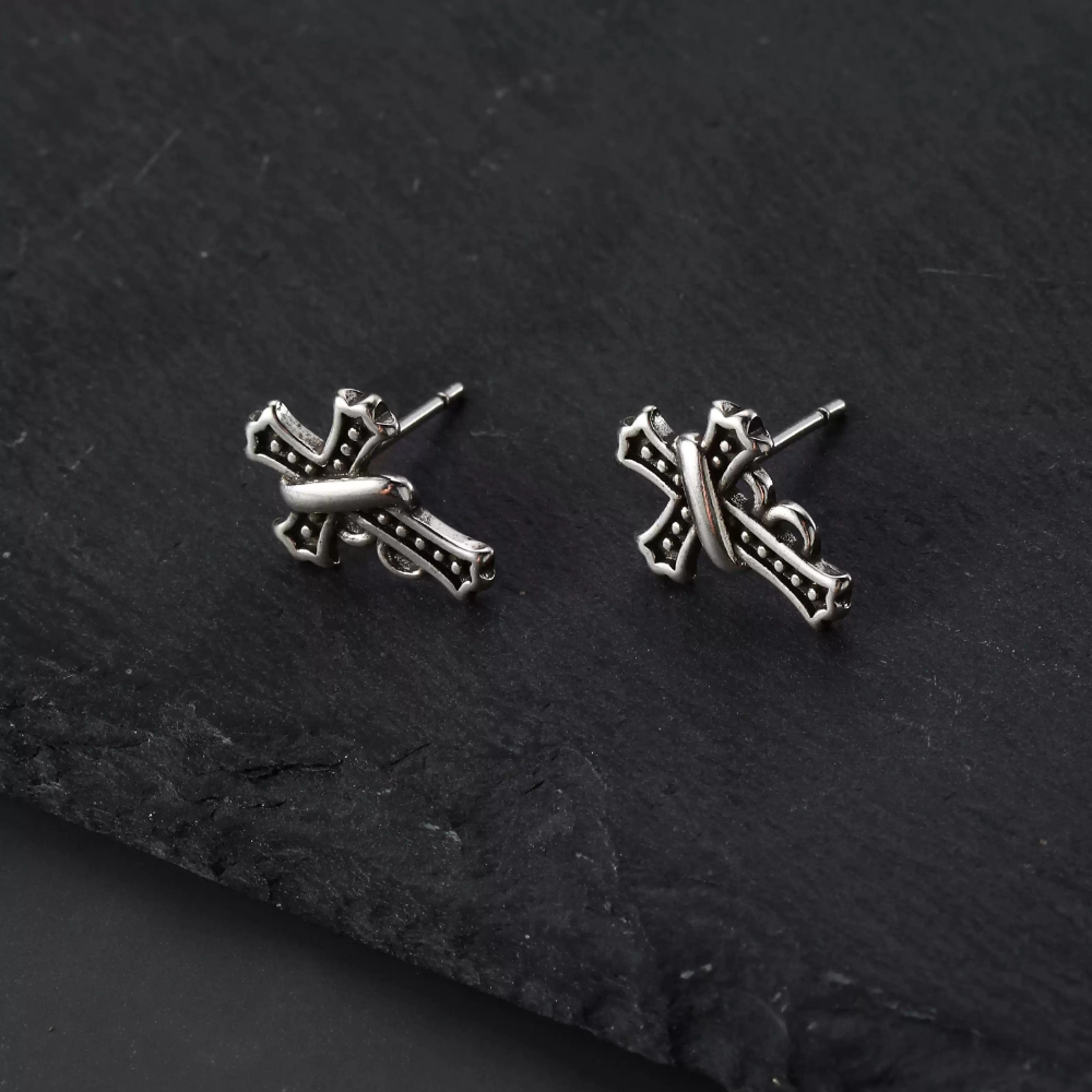 Chrome Hearts Style Silver Gothic Cross Stud Earrings with Rope Detail