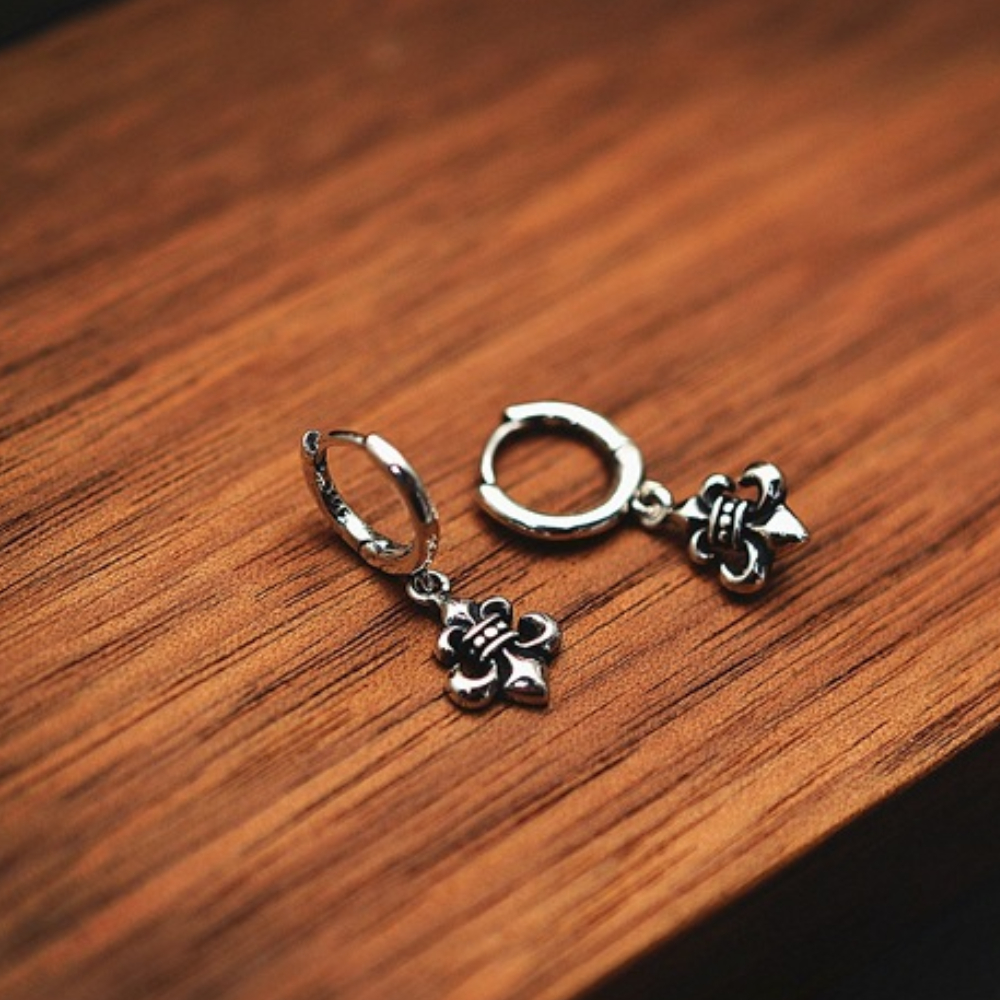Chrome Hearts Style Silver Fleur-de-Lis Hoop Earrings