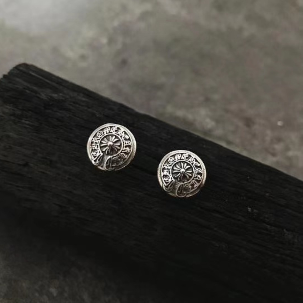 Chrome Hearts Style Round Stud Earrings Silver Gothic Flower Motif