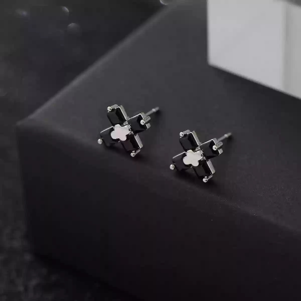 Chrome Hearts Style Black Cross Stud Earrings Silver Titanium