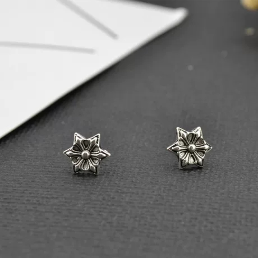 Chrome Hearts Style Sterling Silver Six-Petal Star Flower Stud Earrings