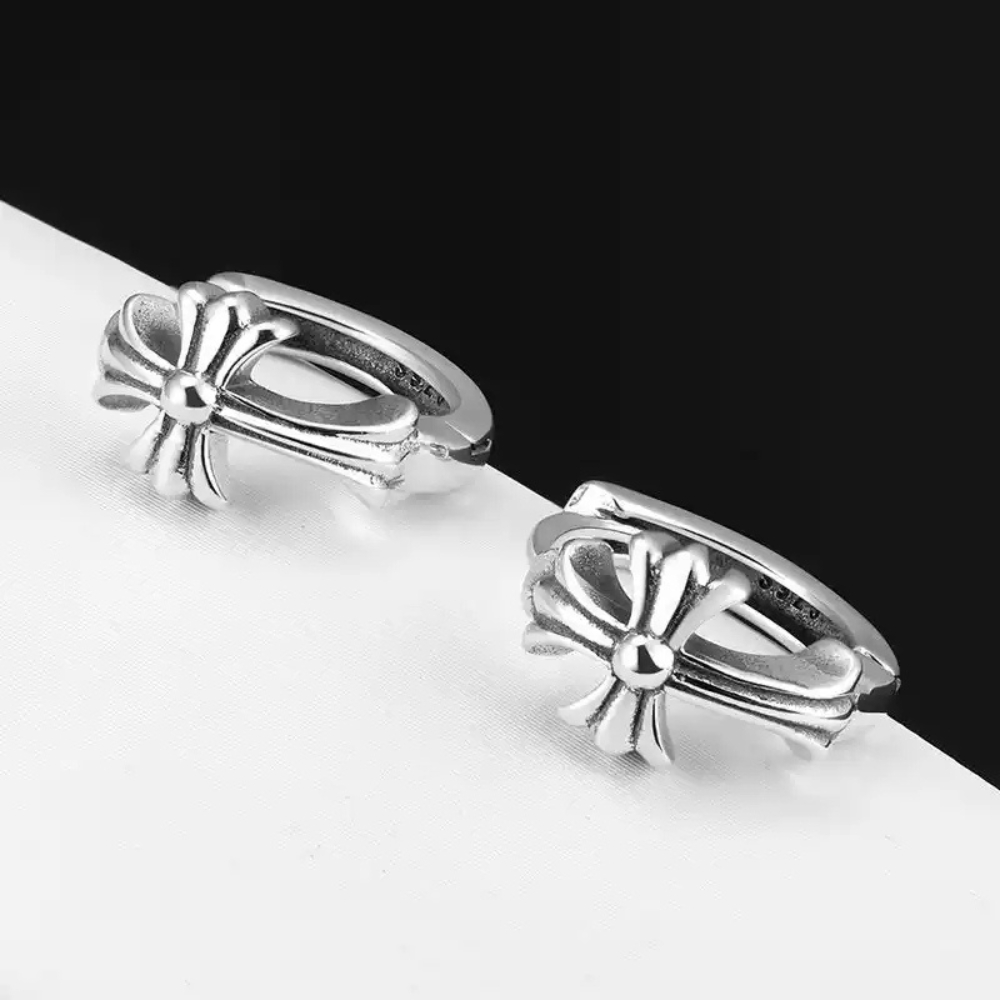 Chrome Hearts Style Gothic Cross Hoop Earrings Sterling Silver Huggie