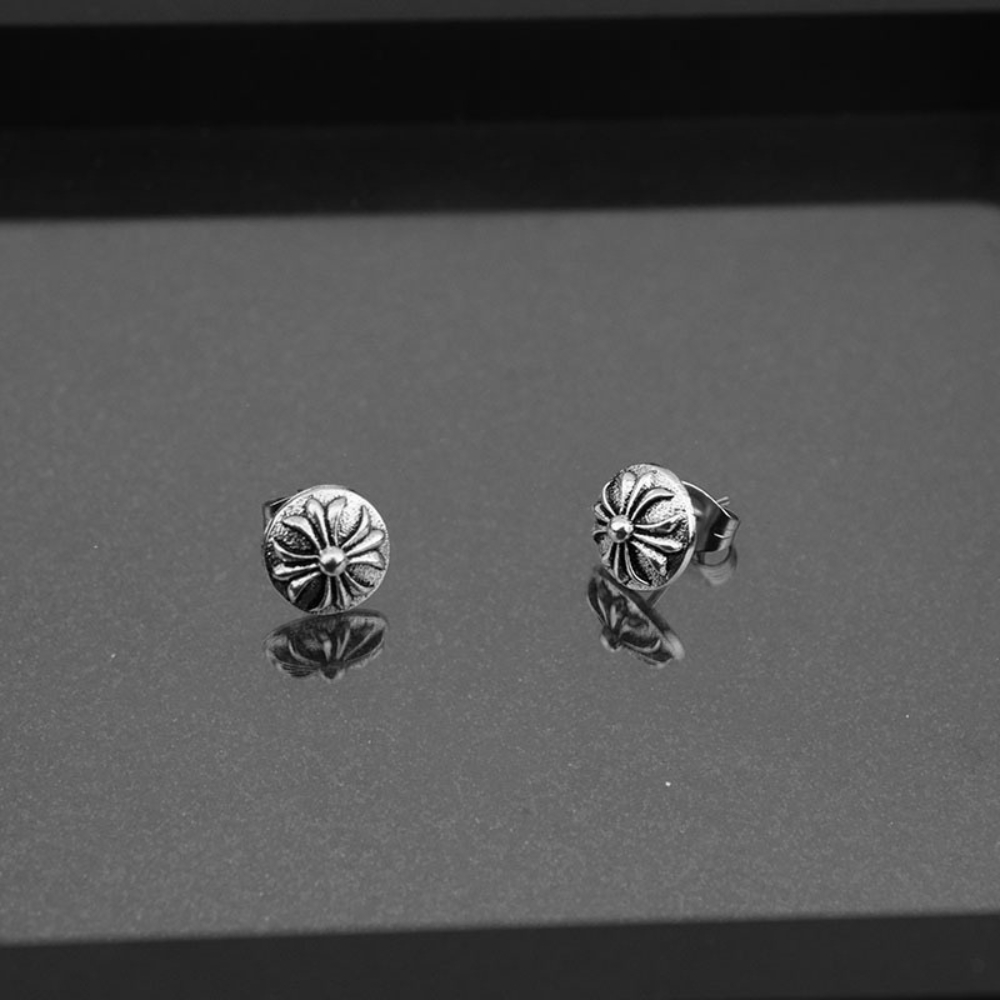 Chrome Hearts Style Round Silver Stud Earrings Gothic Flower Motif Unisex
