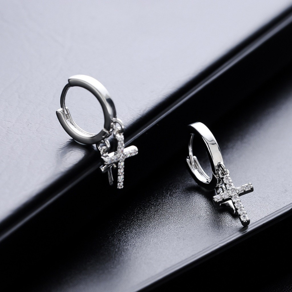 Silver Cross Hoop Earrings with CZ Crystals