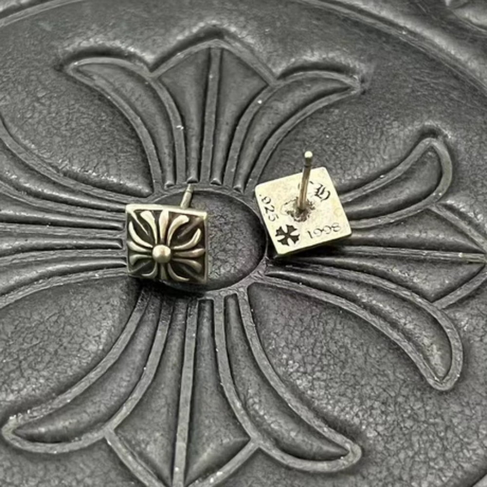 Chrome Hearts Style Square Stud Earrings Sterling Silver Gothic Flower