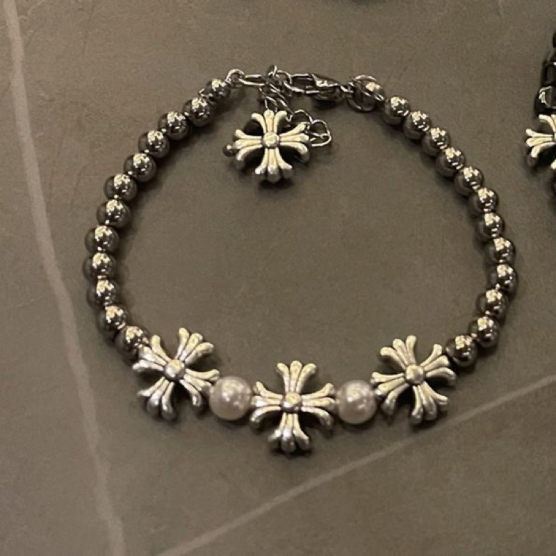 Chrome Hearts Sterling Silver Cross Pearl Bead Bracelet