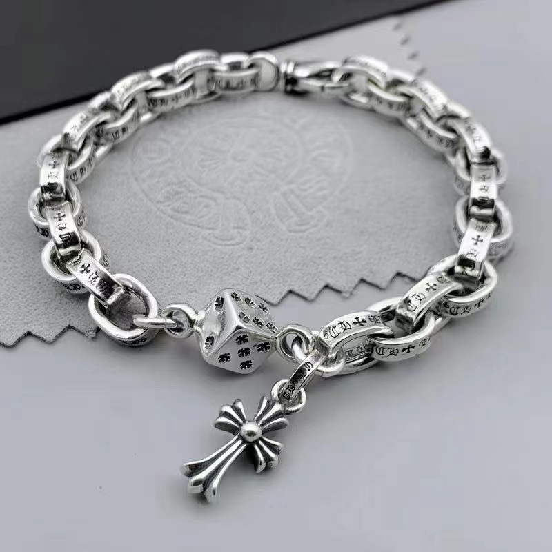 Chrome Hearts Sterling Silver Dice Cross Charm Bracelet