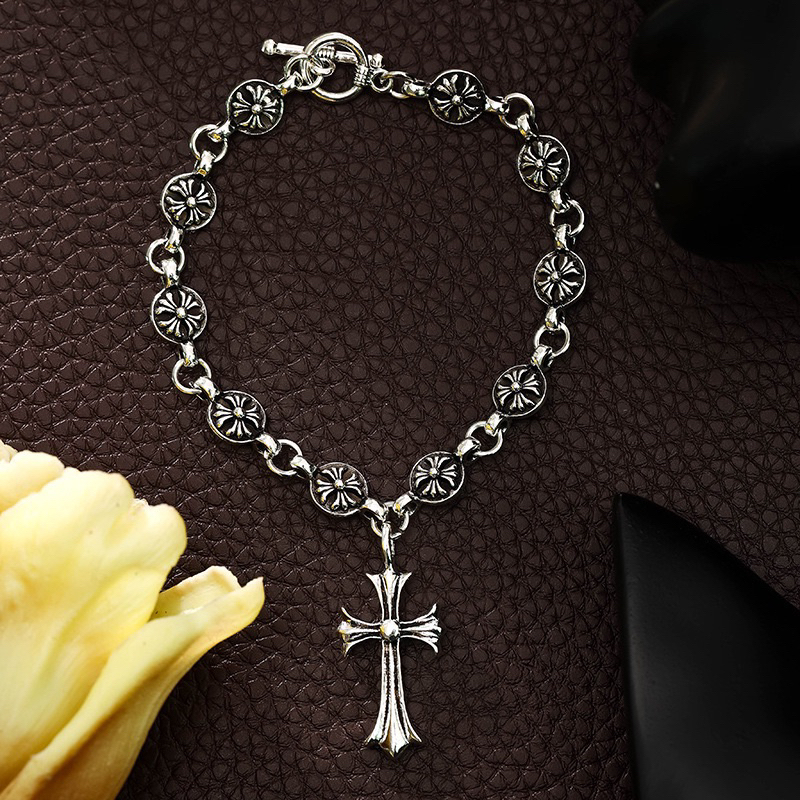Chrome Hearts Sterling Silver Cross Medallion Bracelet with Large Cross Charm