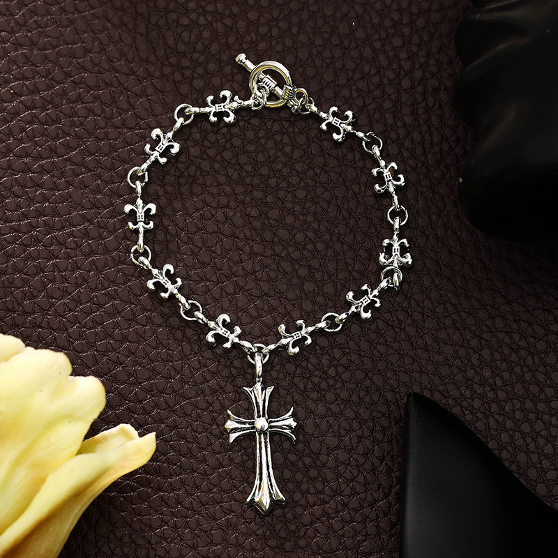 Chrome Hearts Sterling Silver Fleur Cross Link Bracelet with Large Cross Pendant