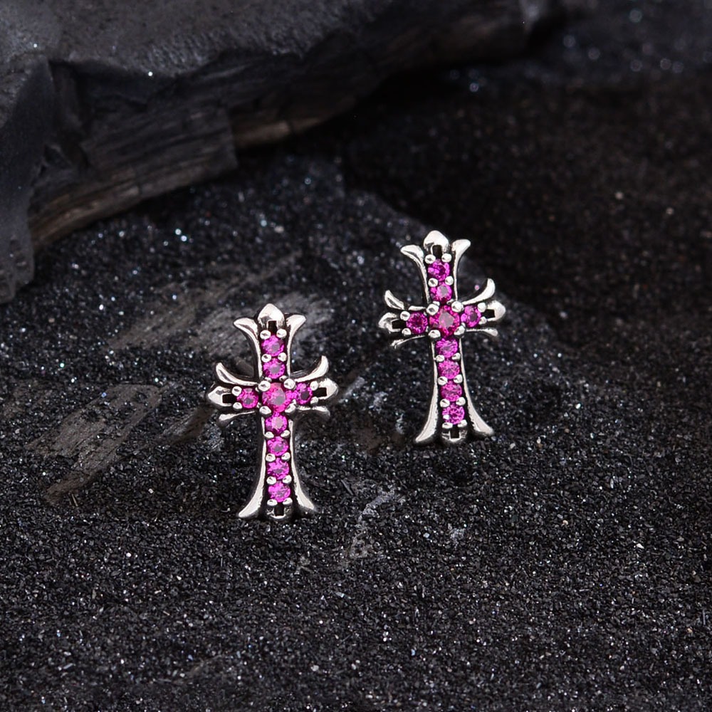 Pink Stone Cross Stud Earrings