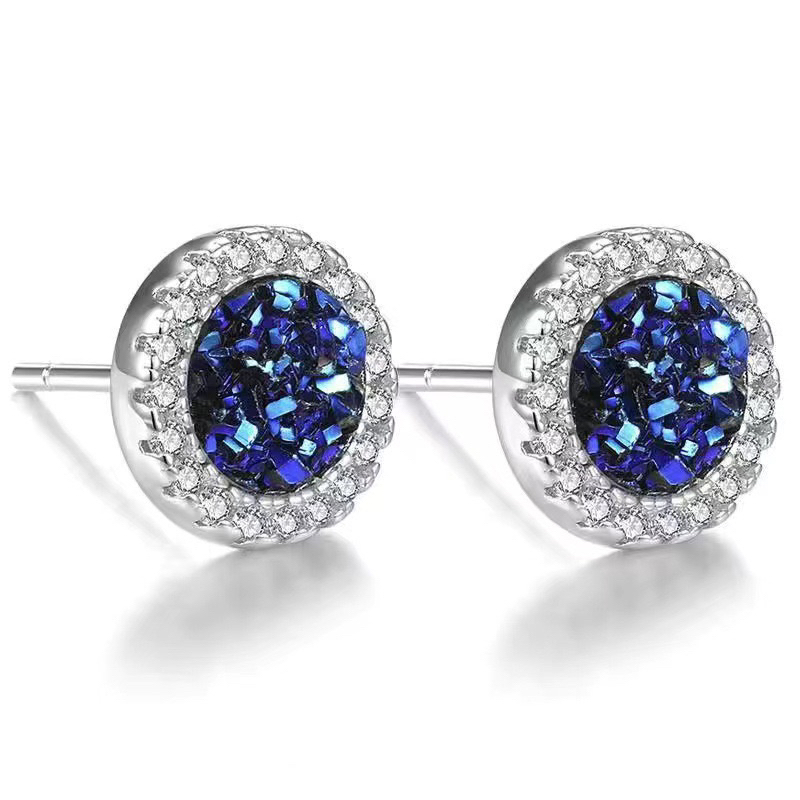 Blue Crushed Crystal Center with Sparkling White Halo Stud Earrings