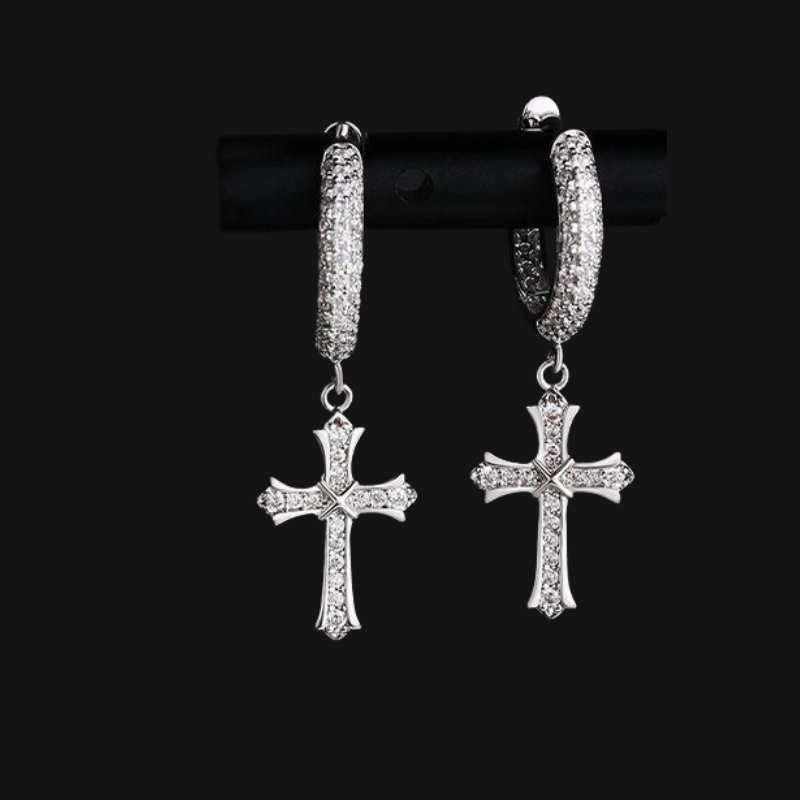 Silver Cross Charm Hoop Earrings with Crystals