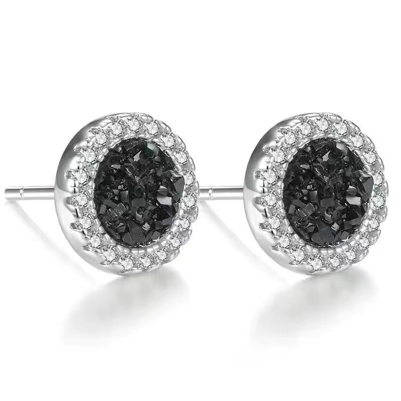 Black Crushed Crystal Center with Sparkling White Halo Stud Earrings