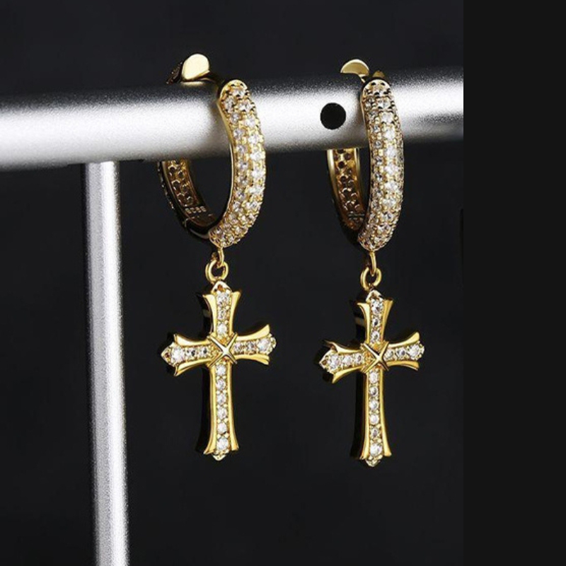 Gold Plated Cross Hoop Earrings with Crystals