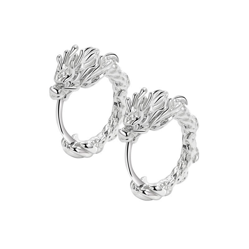 Dragon Carved Silver Hoop Earrings