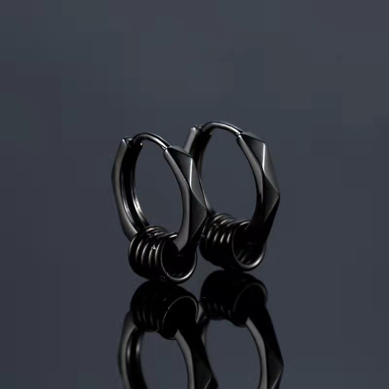 Black Geometric Faceted Design with Metal Coil Accents Hoop Earrings