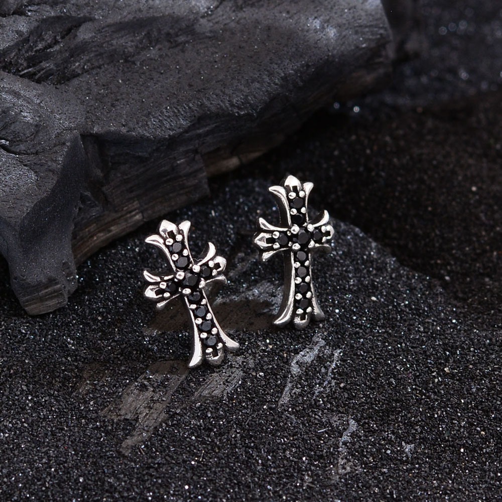 Black Stone Cross Stud Earrings