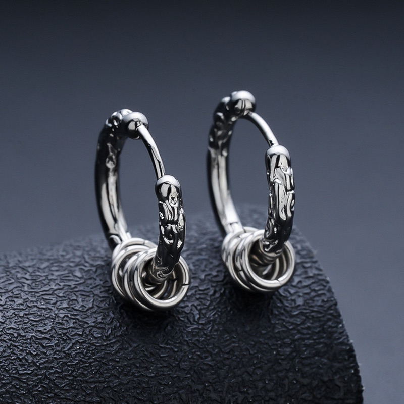 Textured Silver Hoop with Metal Rings Accent Earrings
