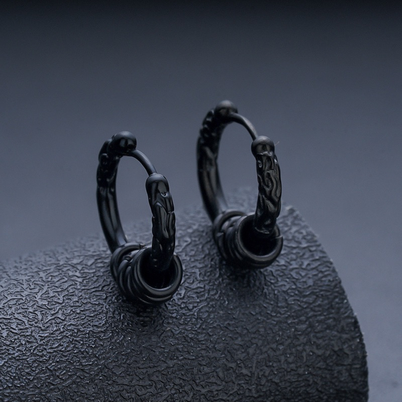 Black Textured Hoop with Metal Rings Accent Earrings